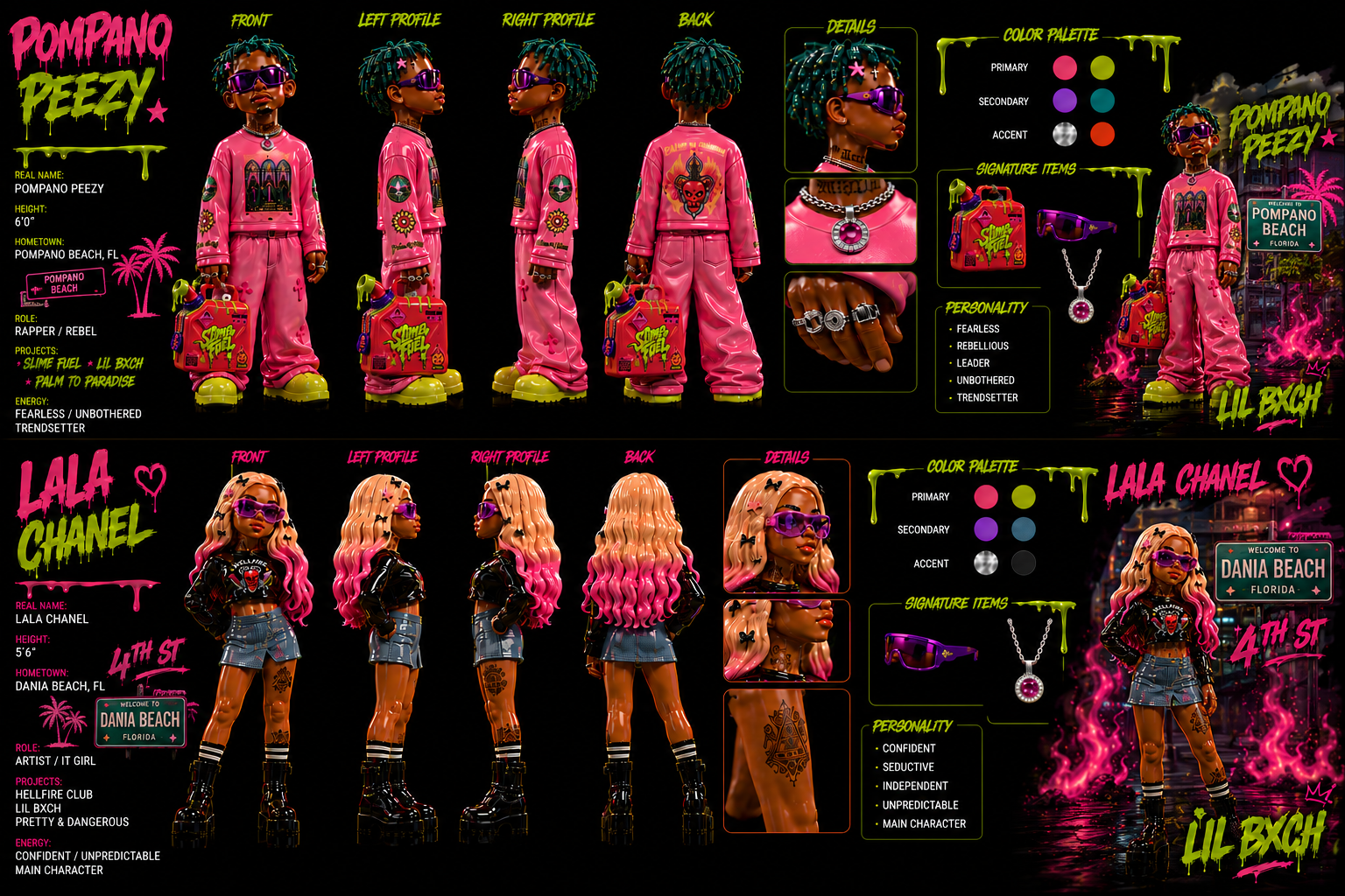 Pompano Peezy and Lala Chanel official character build reference sheet — Slime Fuel campaign